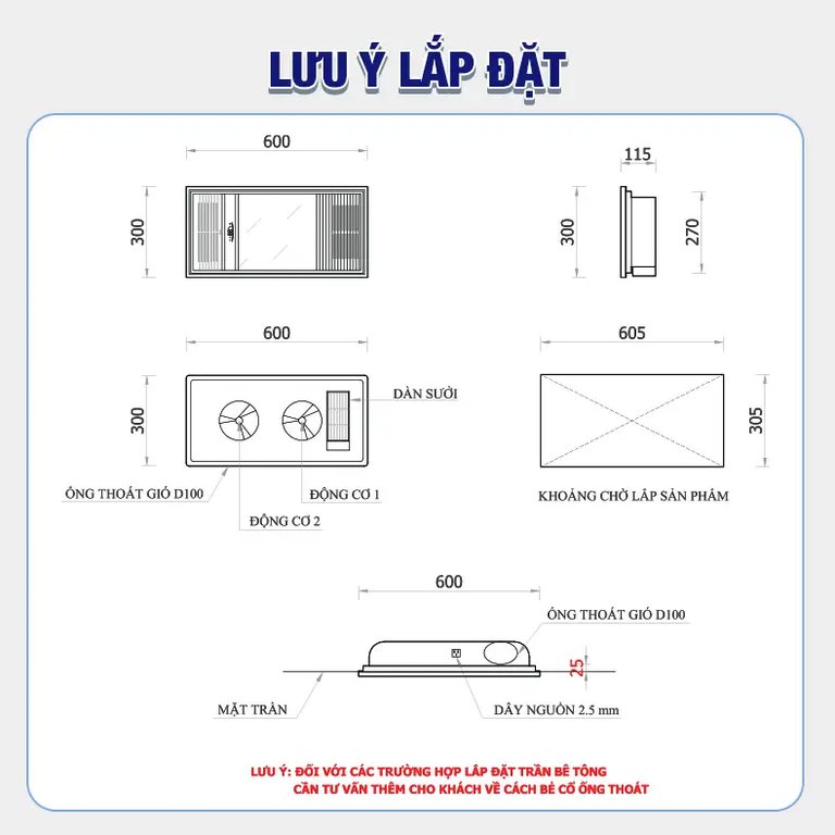 Bản vẽ lắp đặt ENIC D22 với khoảng chờ và ống thoát gió D100
