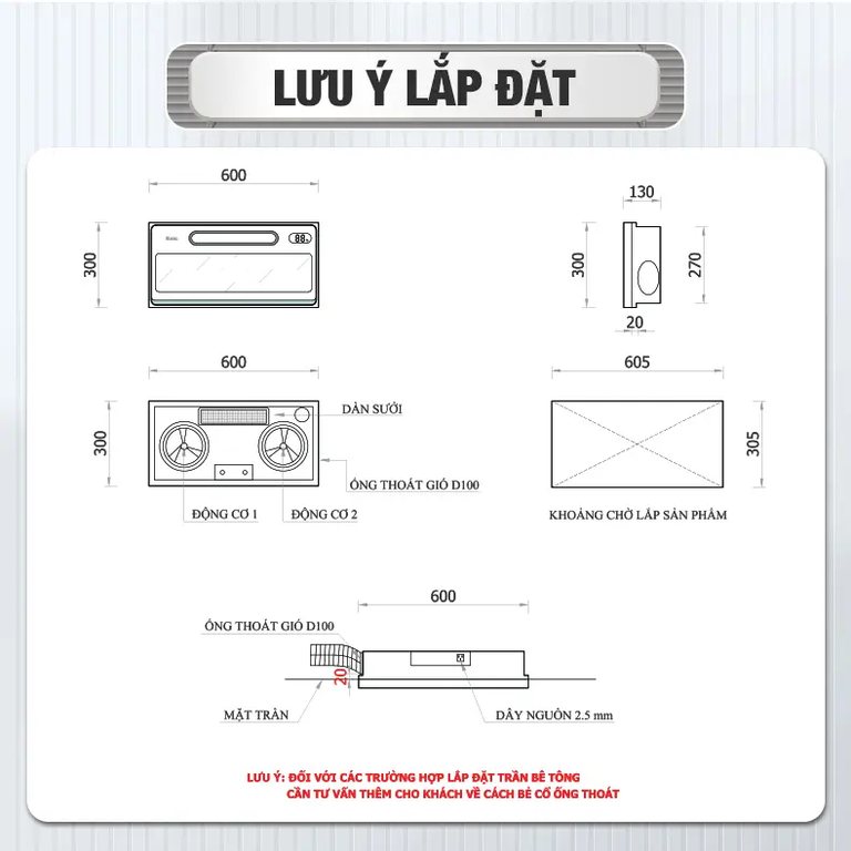 Bản vẽ lắp đặt ENIC S100 với khoảng chờ và ống thoát gió D100